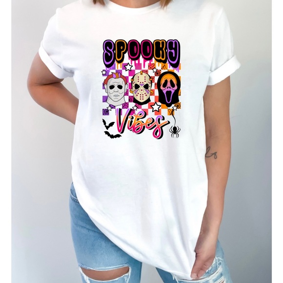 "Spooktacular Spooky Vibes Unisex Halloween Characters T-Shirts" - Picture 2 of 2